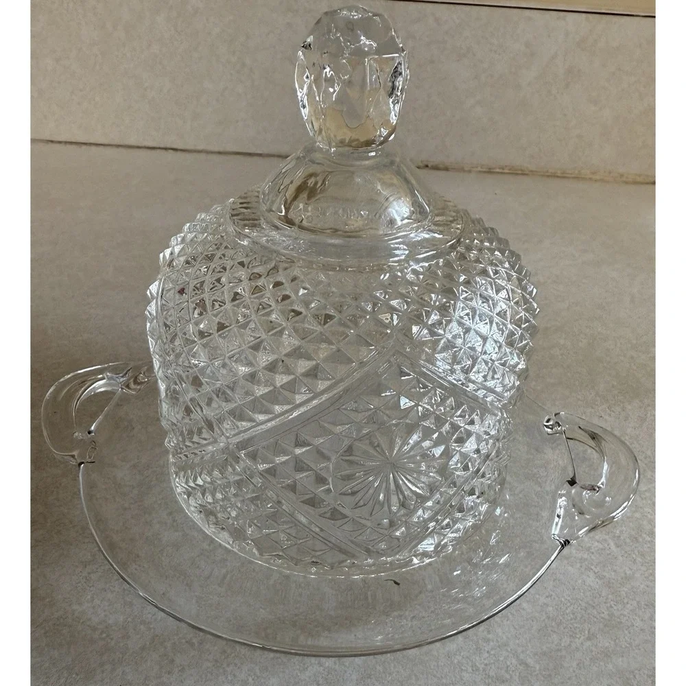 Vintage Cheese Butter Dish Round Clear Glass Plate With Cut Glass Dome Cover‎